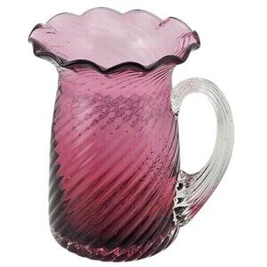 Pilgrim Glass Cranberry Swirl Pitcher Vase 3.5" clear handle ruffled rim texture
